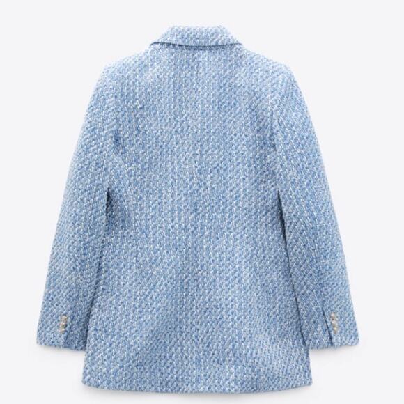 Zara Textured Double-breasted Blazer Blue White 8741/725 - large - Picture 3 of 11